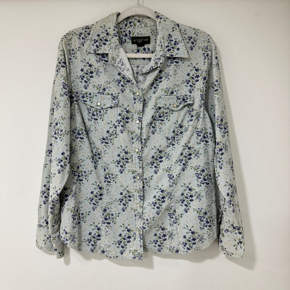 Eddie Bauer Tops - Eddie Bauer Floral Corduroy Snap Front Shirt Womens Large Blue Western